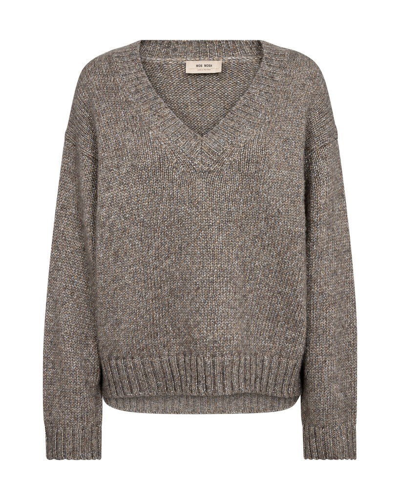 Mos Mosh Strickpullover Welma Glam V-Ausschnitt Dunkelgrau Meliert