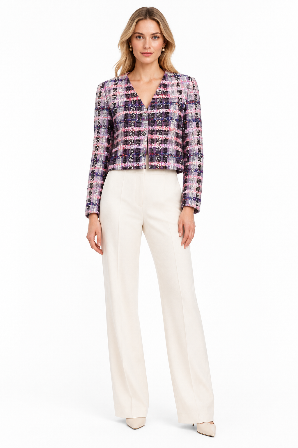 Rich & Royal Cropped Bouclé Jacke mit V-Ausschnitt in Evening Lilac