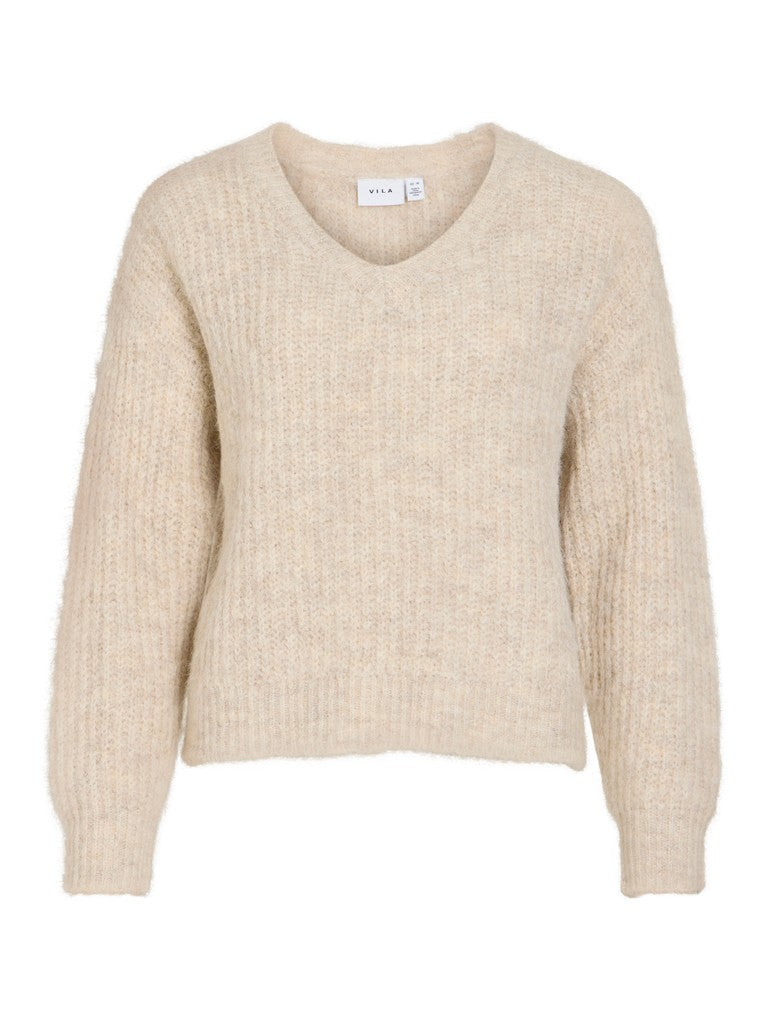 Vila Strickshirt V-Ausschnitt Langarm Strick Top Super Light Natural Melan