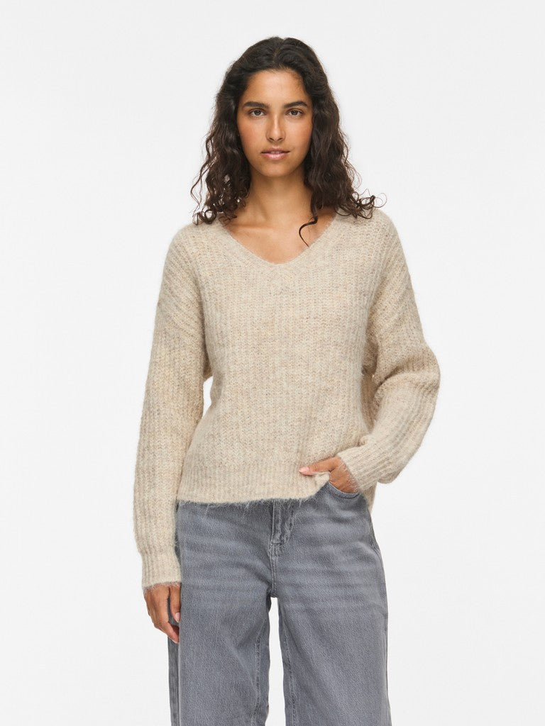 Vila Strickshirt V-Ausschnitt Langarm Strick Top Super Light Natural Melan