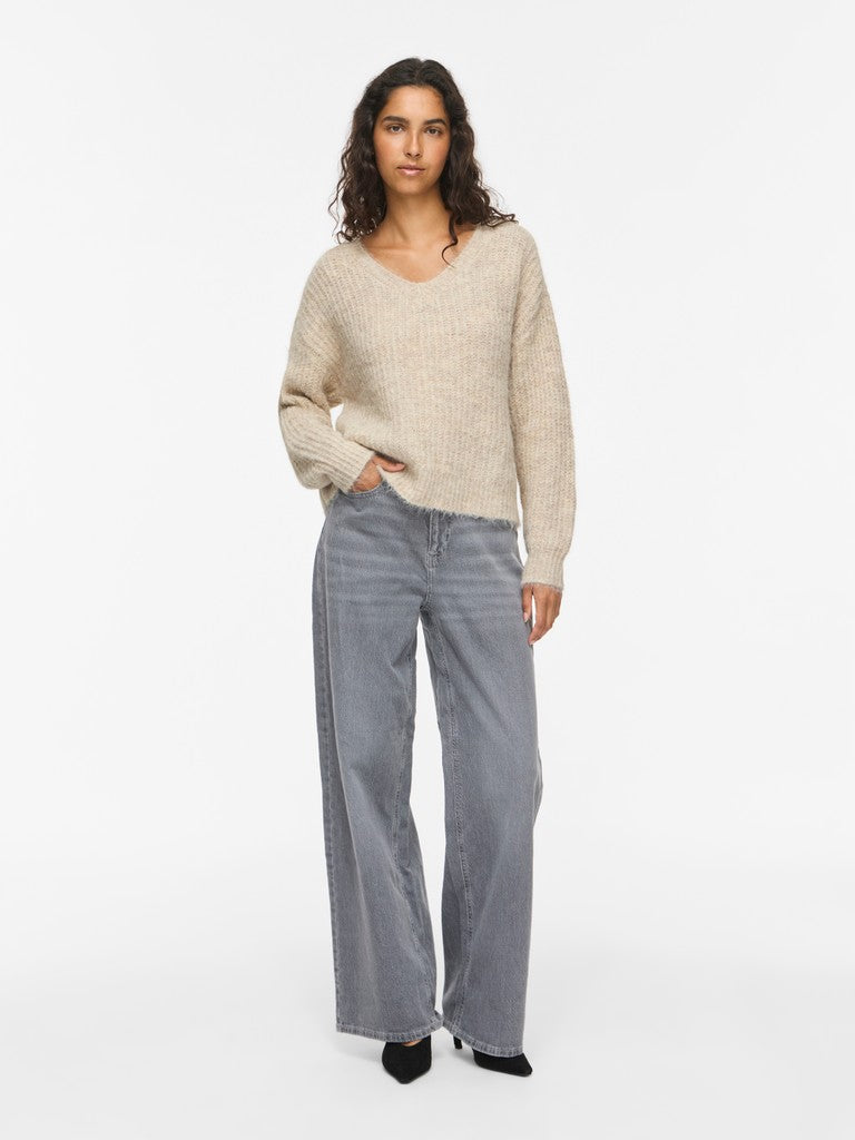 Vila Strickshirt V-Ausschnitt Langarm Strick Top Super Light Natural Melan