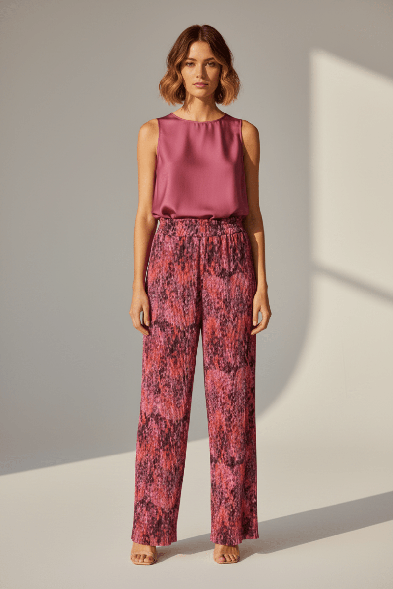 Rich & Royal Dot Print Crinkled Pants in Mulberry