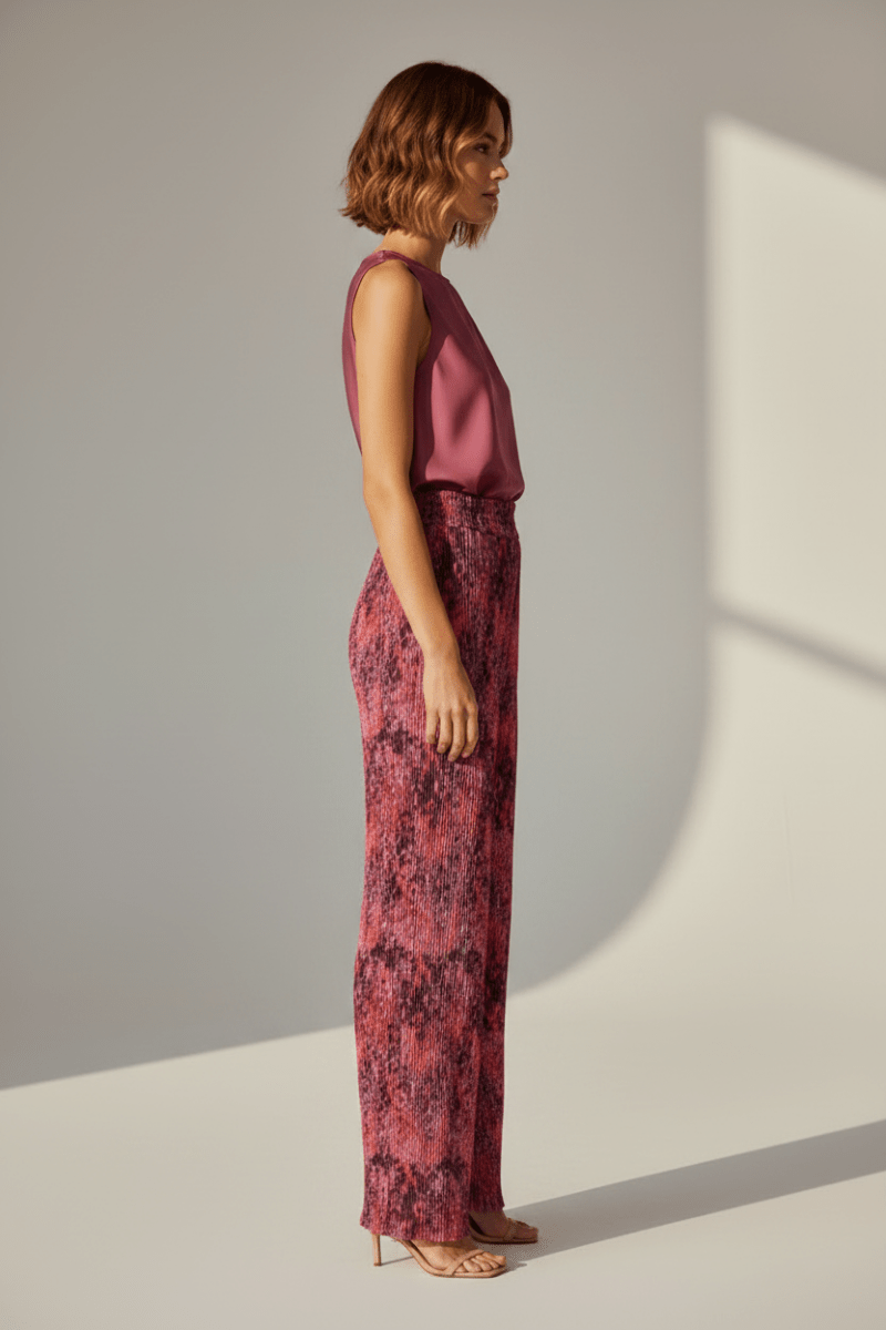 Rich & Royal Dot Print Crinkled Pants in Mulberry