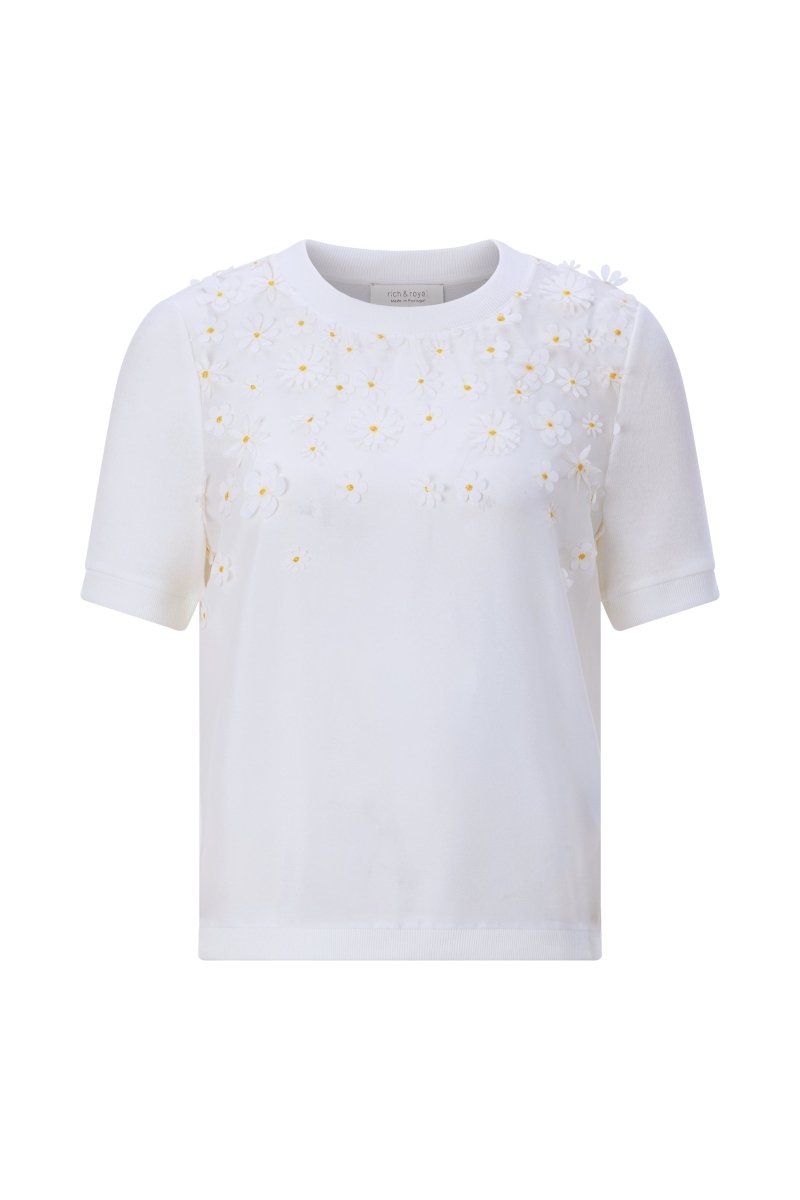 Rich & Royal Queens Knit Mat Mix T-Shirt with Flower Ap in der Farbe pearl white