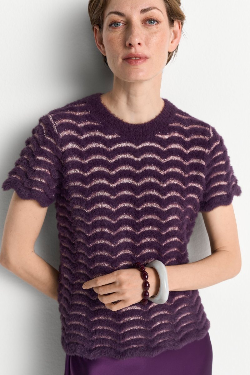 Rich & Royal Strickshirt Damen – Short Sleeve Crew Neck Zig Zag in Mulberry