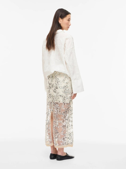 Vila ROUGE EDIT Midi - Rock ROULEONA HW ANKLE SKIRT Silver Sequins