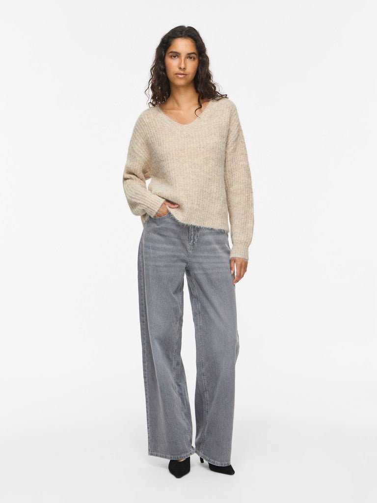 Vila Strickshirt V-Ausschnitt Langarm Strick Top Super Light Natural Melan
