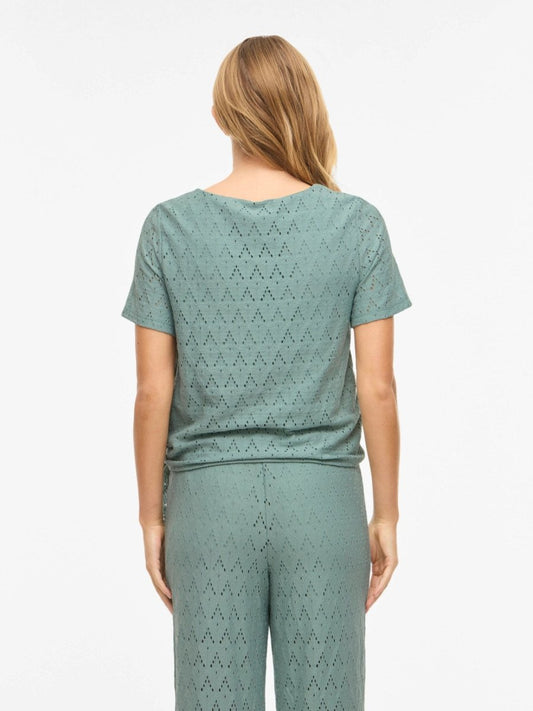 Vila Top VIAMALINA OPEN O-NECK S/S TOP/VOL/PB - Blue Surf