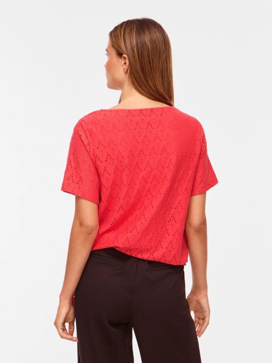 Vila Top VIAMALINA OPEN O-NECK S/S TOP/VOL/PB - Hibiscus