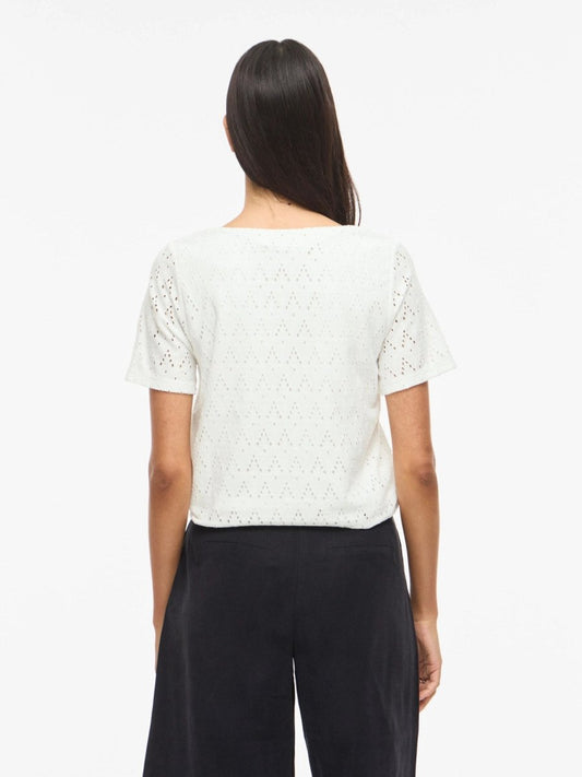 Vila Top VIAMALINA OPEN O-NECK S/S TOP/VOL/PB - Snow White