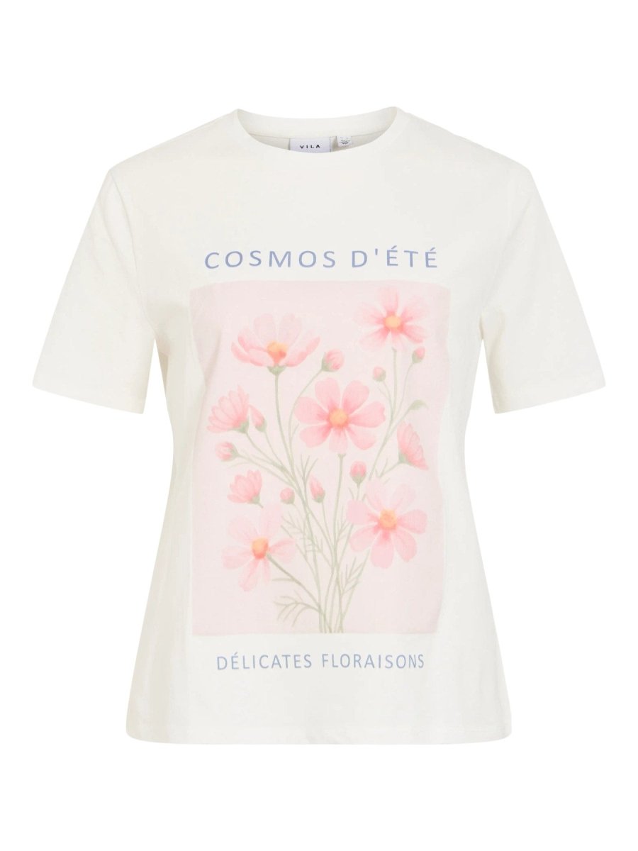 Vila Top Viangala Kurzarm Printed T-Shirt - Snow White PINK FLOWER