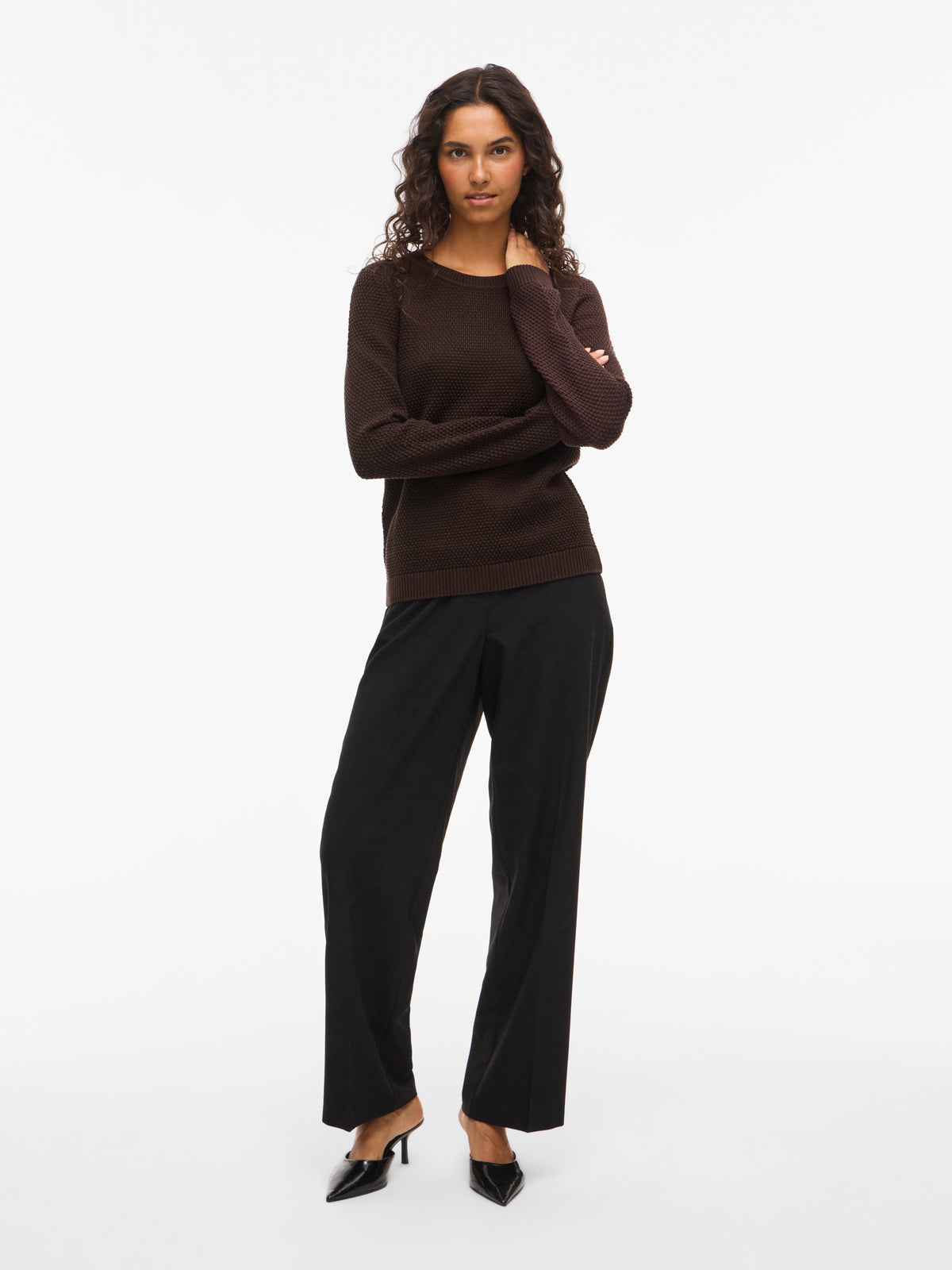 Vila Pullover Rundhals Langarm Strick Top Coffee Bean
