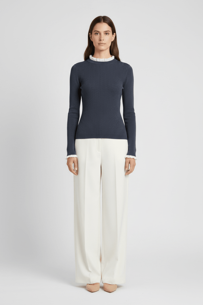 YAYA Feingestricktes Rippen-Top mit Rüschendetails Odyssey Grau
