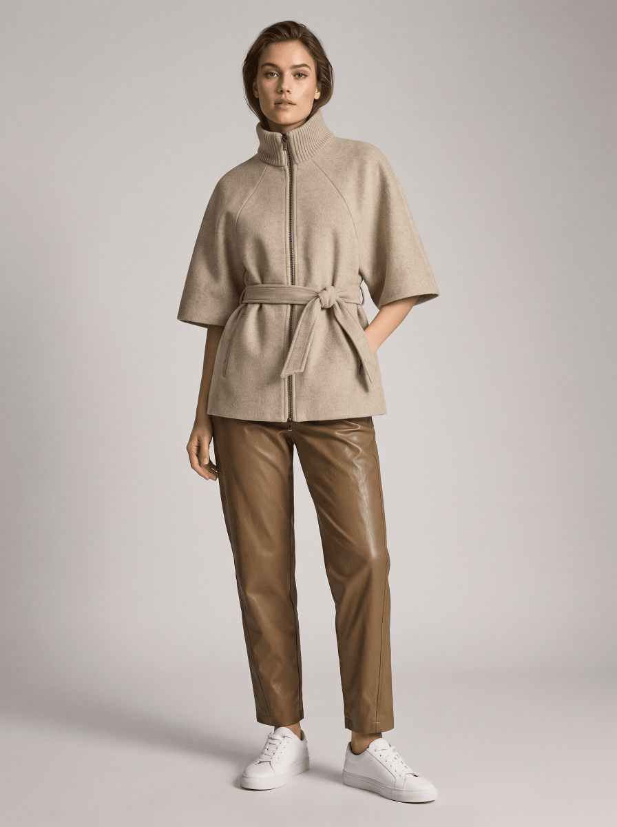 YAYA Ponchojacke mit geripptem Kragen und Gürtel Pure Cashmere Grau Melange