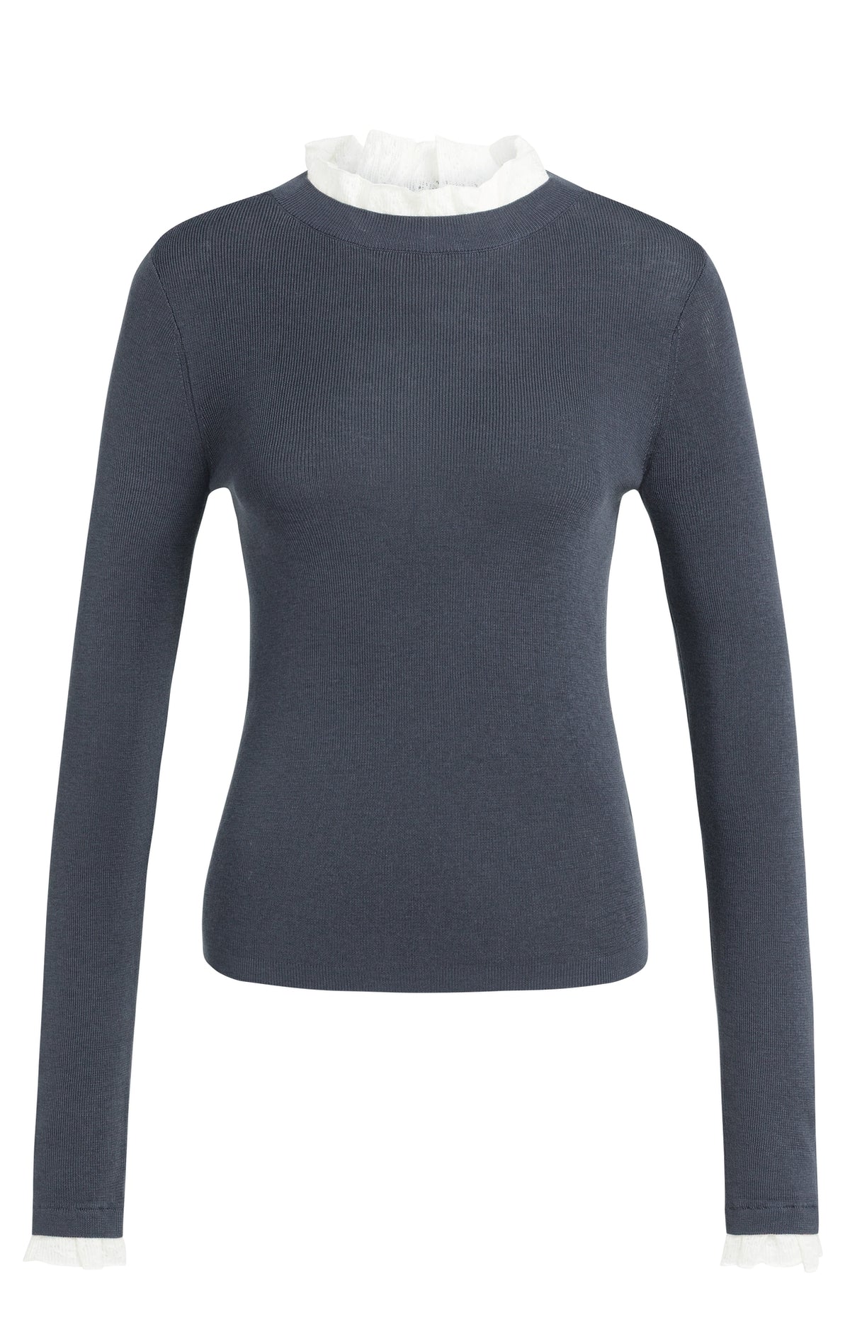 YAYA Feingestricktes Rippen-Top mit Rüschendetails Odyssey Grau