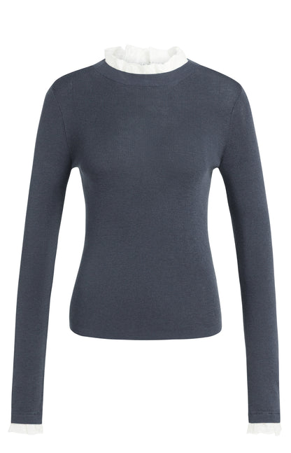 YAYA Feingestricktes Rippen-Top mit Rüschendetails Odyssey Grau