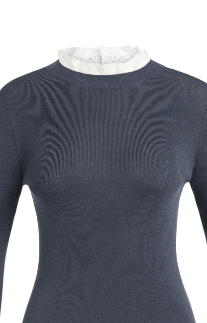 YAYA Feingestricktes Rippen-Top mit Rüschendetails Odyssey Grau