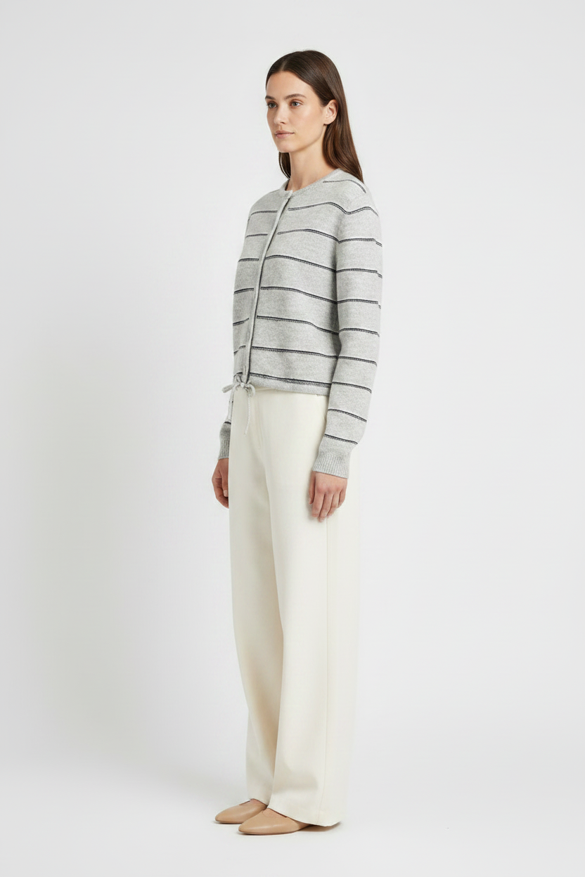 YAYA Gestreifte Strickjacke mit Bindedetail Mittelgrau Melange