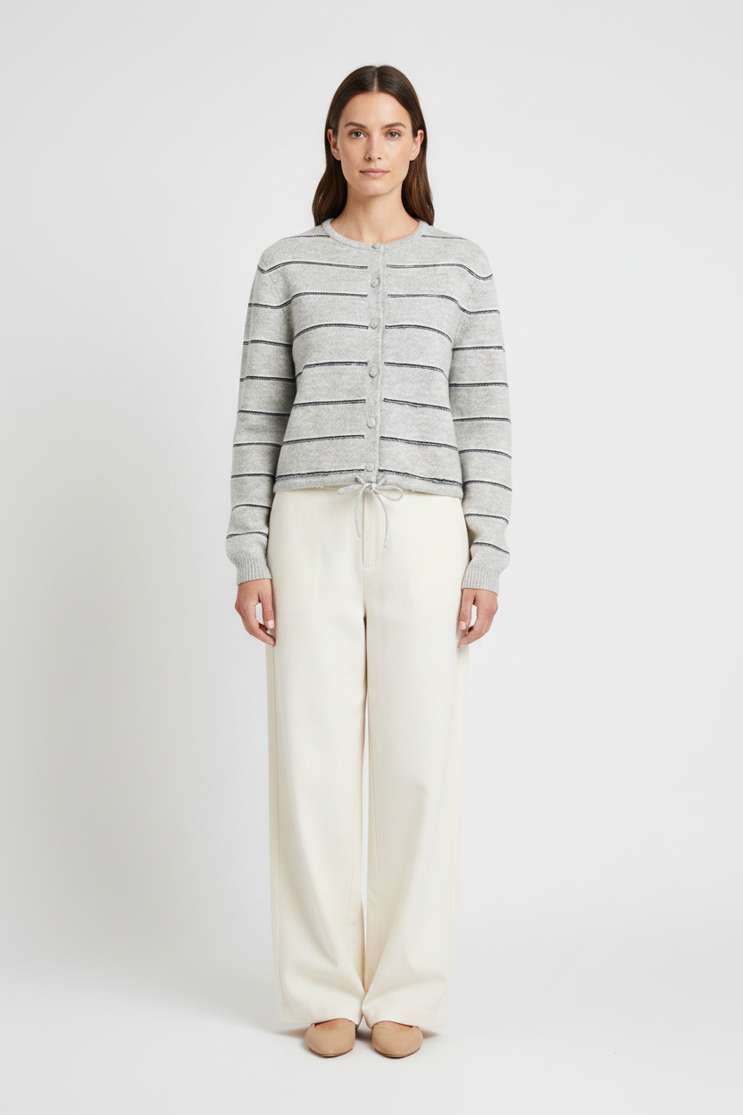 YAYA Gestreifte Strickjacke mit Bindedetail Mittelgrau Melange