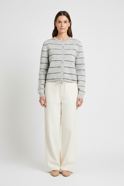 YAYA Gestreifte Strickjacke mit Bindedetail Mittelgrau Melange