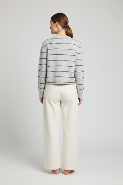 YAYA Gestreifte Strickjacke mit Bindedetail Mittelgrau Melange