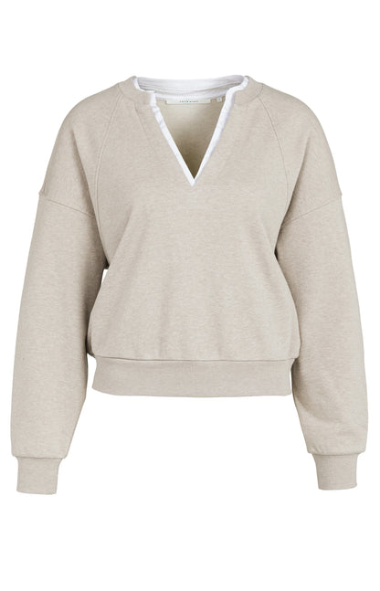 YAYA Sweatshirt mit V-Ausschnitt und Webkragen Grau meliert