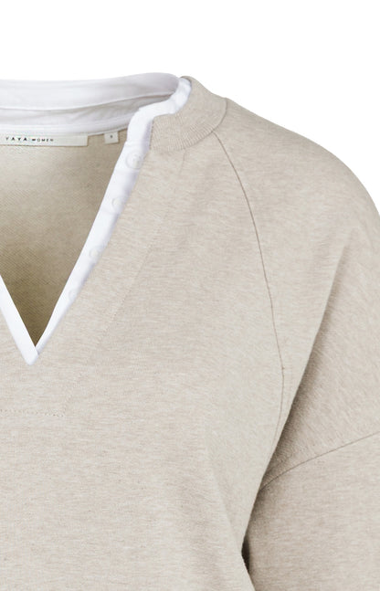 YAYA Sweatshirt mit V-Ausschnitt und Webkragen Grau meliert