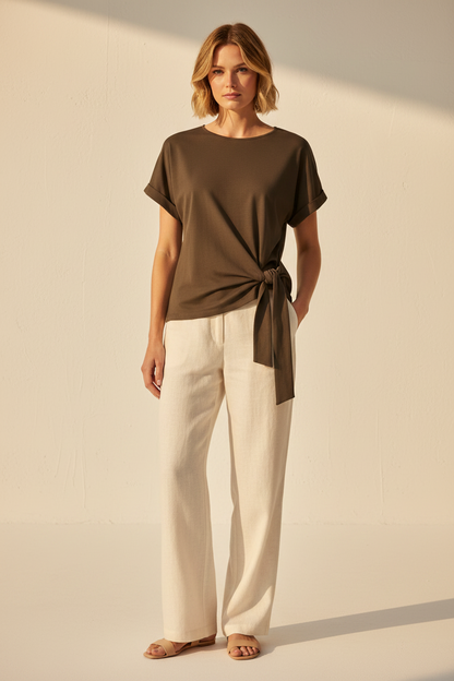 YAYA Top mit Rundhalsausschnitt und Knotendetail AUBERGINE PURPLE