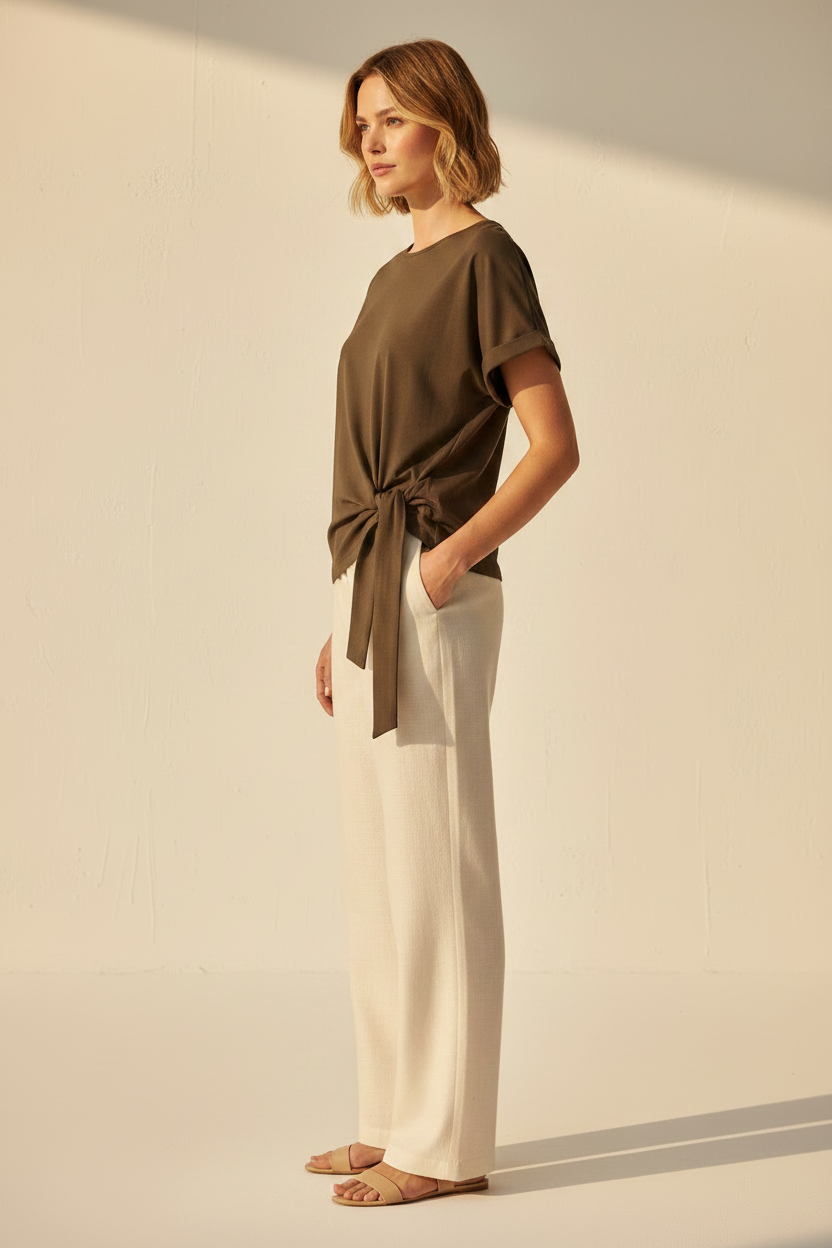YAYA Top mit Rundhalsausschnitt und Knotendetail AUBERGINE PURPLE