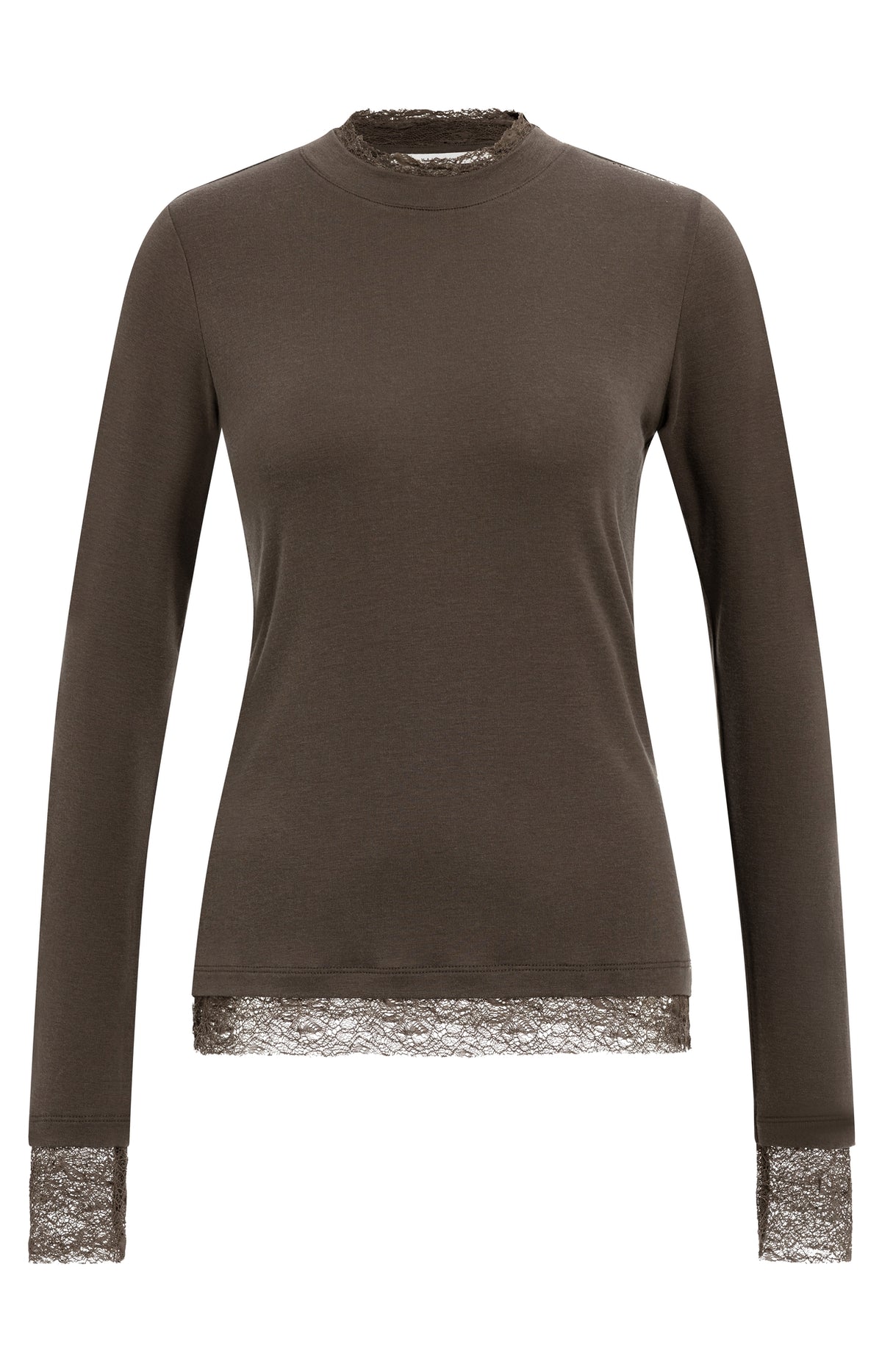 YAYA Langärmeliges Jersey-Oberteil mit Spitzendetails Slate Schwarzbraun