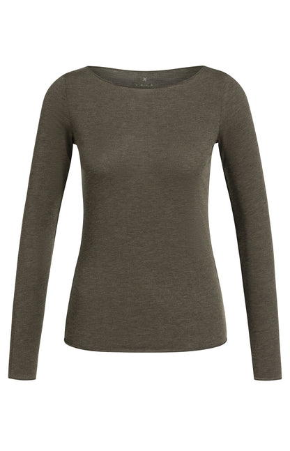 YAYA Langarm-Oberteil mit U-Boot-Ausschnitt Slate Schwarzbraun Melange