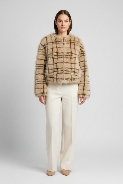 YAYA Kunstfell-Jacke mit Kragen und Karomuster Pure Cashmere Grau Dessin