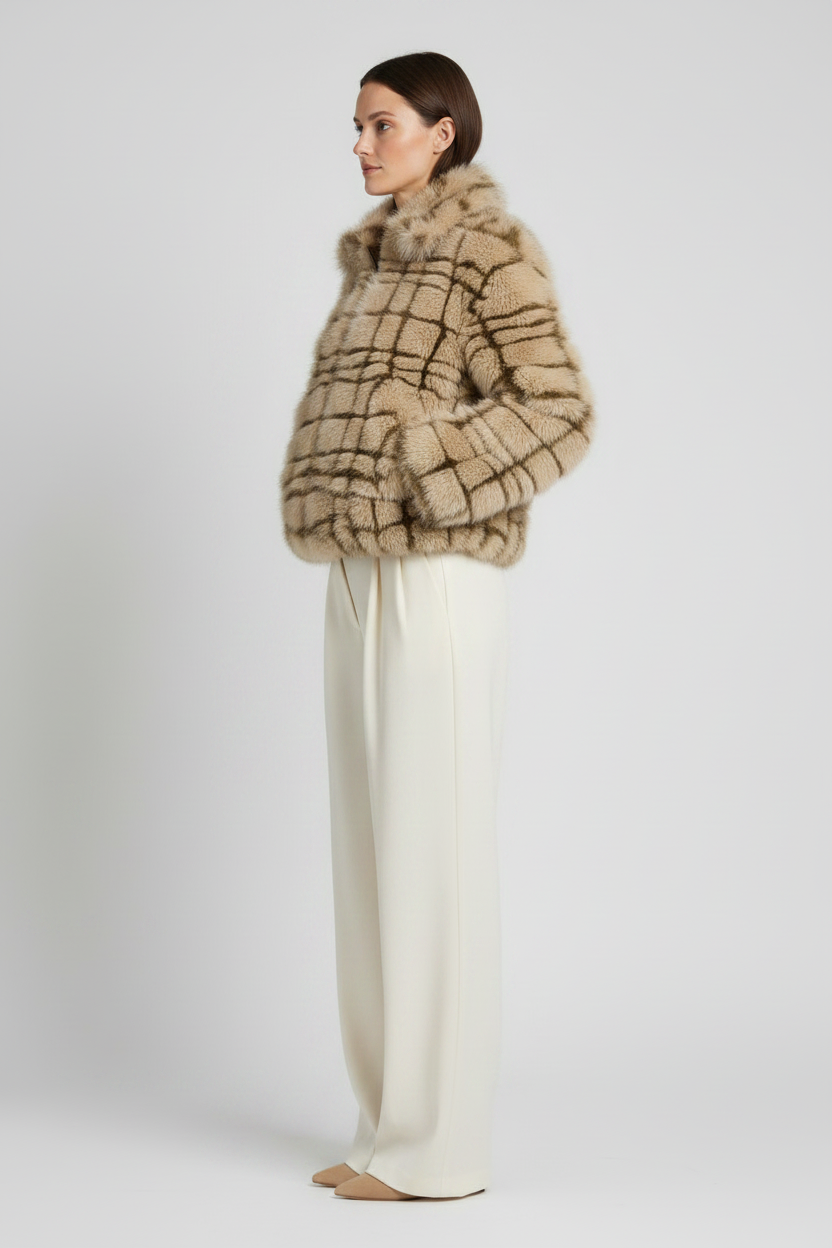 YAYA Kunstfell-Jacke mit Kragen und Karomuster Pure Cashmere Grau Dessin