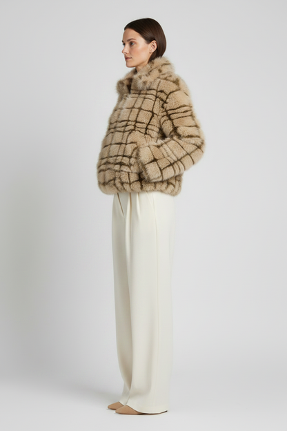 YAYA Kunstfell-Jacke mit Kragen und Karomuster Pure Cashmere Grau Dessin
