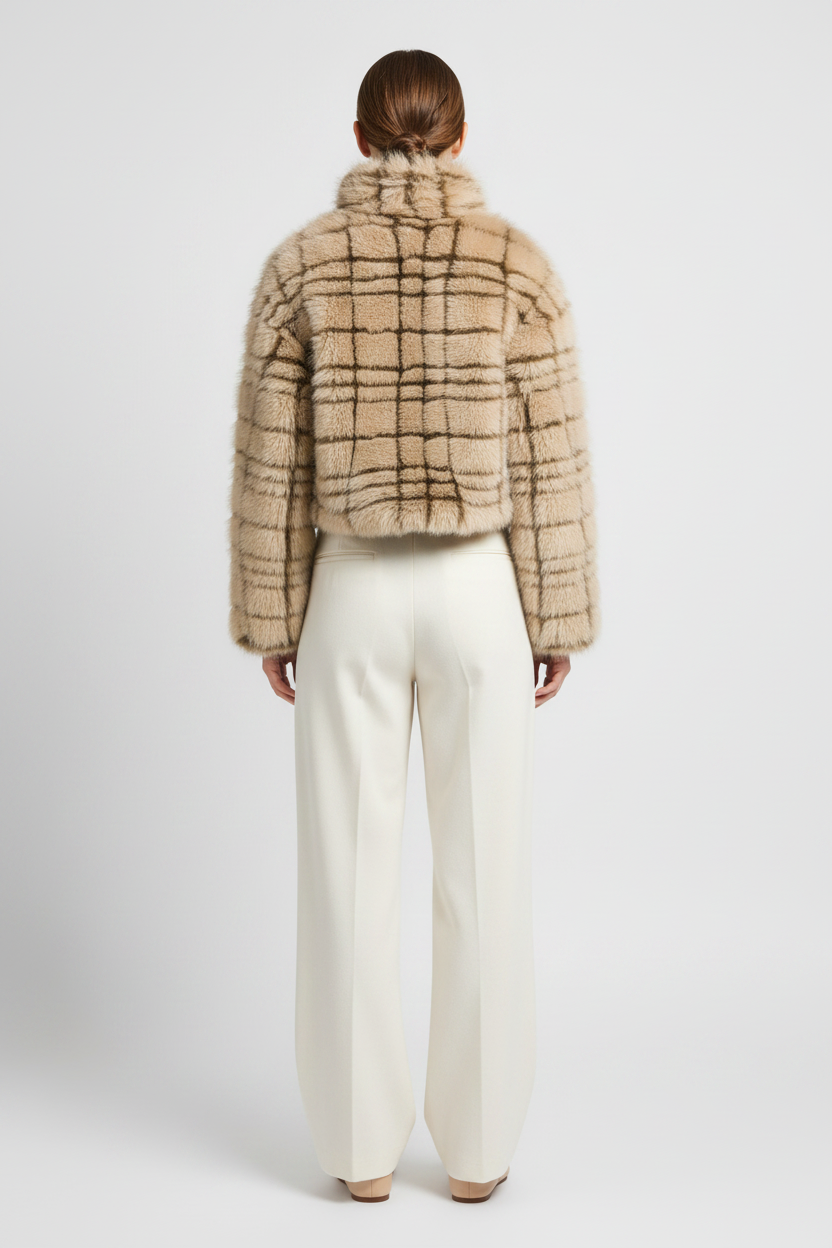 YAYA Kunstfell-Jacke mit Kragen und Karomuster Pure Cashmere Grau Dessin