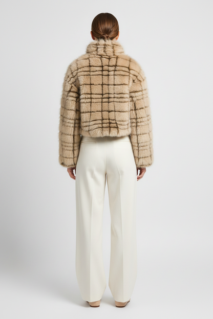 YAYA Kunstfell-Jacke mit Kragen und Karomuster Pure Cashmere Grau Dessin