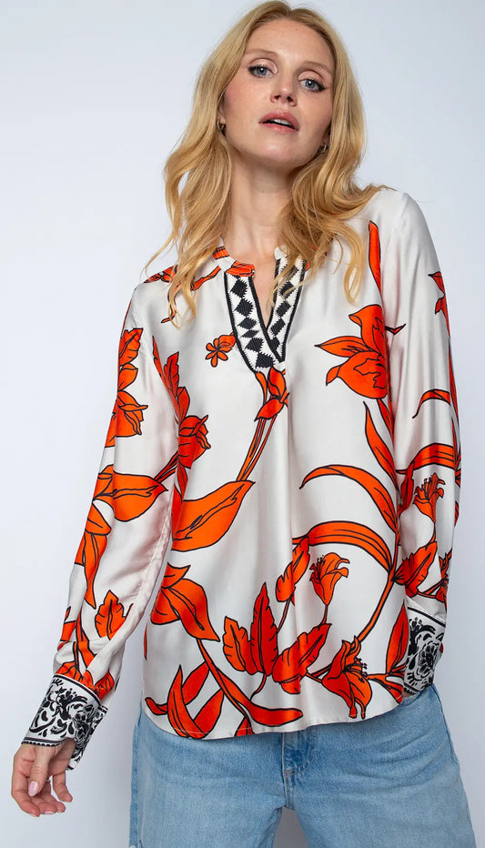 Emily Van Den Bergh Bluse Orange Black Flower
