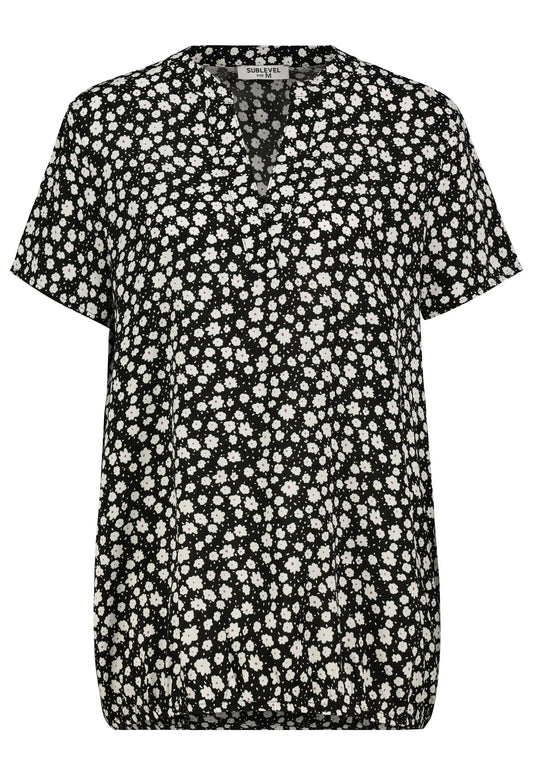 Authentic Style Rundhals Bluse V-Ausschnitt Black