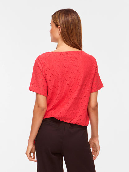 Vila Top VIAMALINA OPEN O-NECK S/S TOP/VOL/PB - Hibiscus