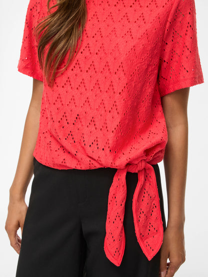 Vila Top VIAMALINA OPEN O-NECK S/S TOP/VOL/PB - Hibiscus