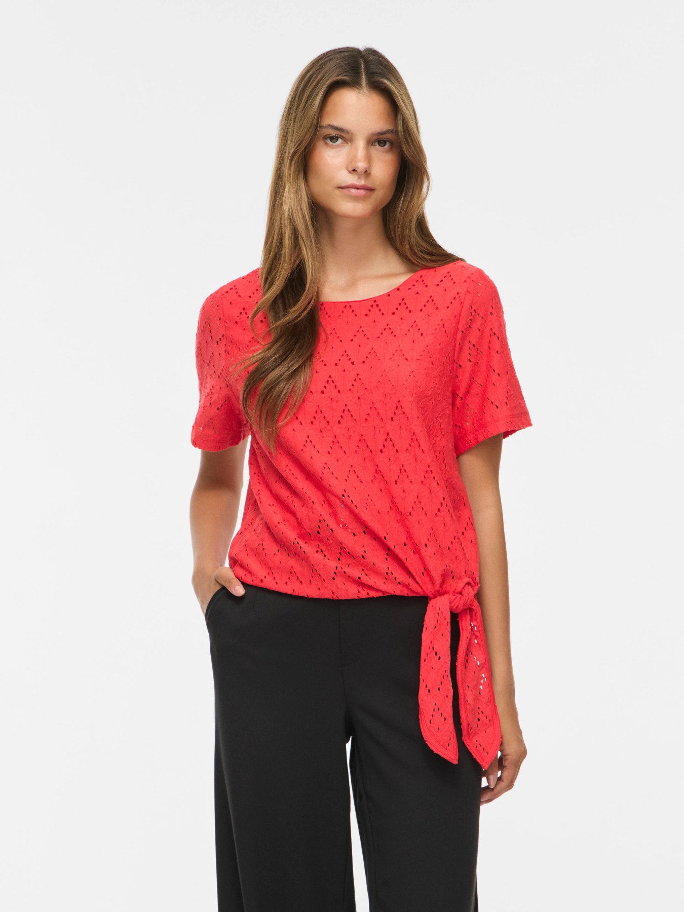 Vila Top VIAMALINA OPEN O-NECK S/S TOP/VOL/PB - Hibiscus
