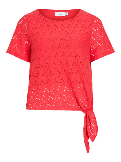 Vila Top VIAMALINA OPEN O-NECK S/S TOP/VOL/PB - Hibiscus