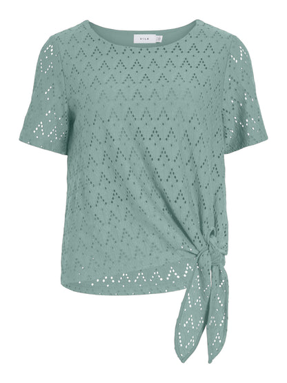 Vila Top VIAMALINA OPEN O-NECK S/S TOP/VOL/PB - Blue Surf