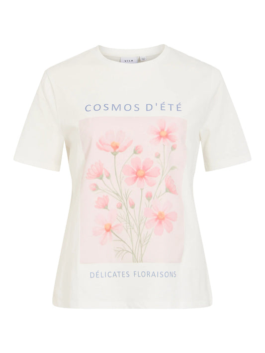 Vila Top Viangala Kurzarm Printed T-Shirt - Snow White PINK FLOWER
