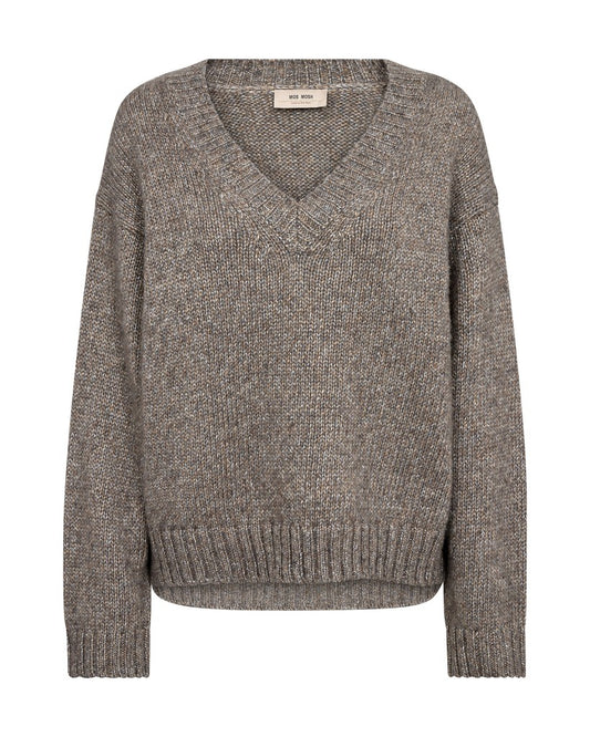 Mos Mosh Strickpullover Welma Glam V-Ausschnitt Dunkelgrau Meliert