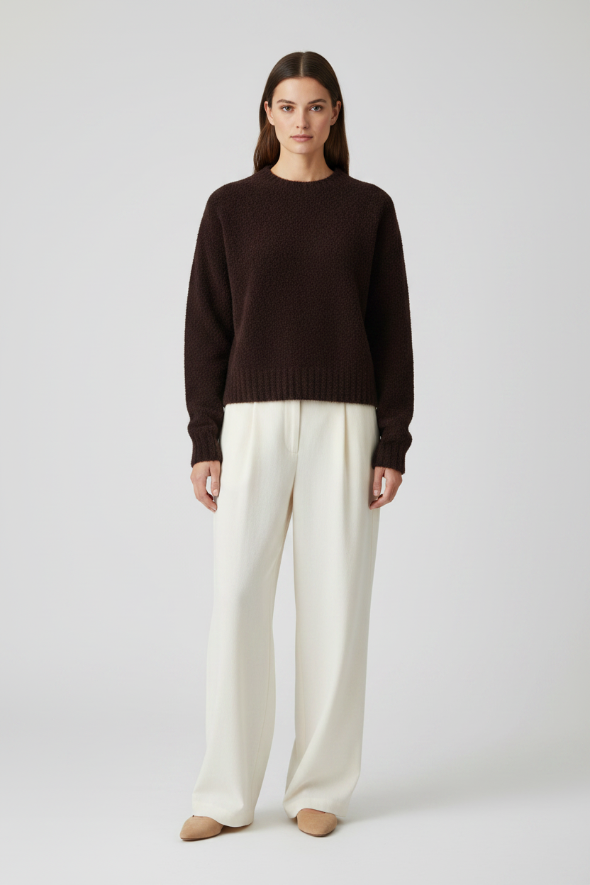 Rich & Royal Bouclé Pullover Crew Neck in Chocolate Torte