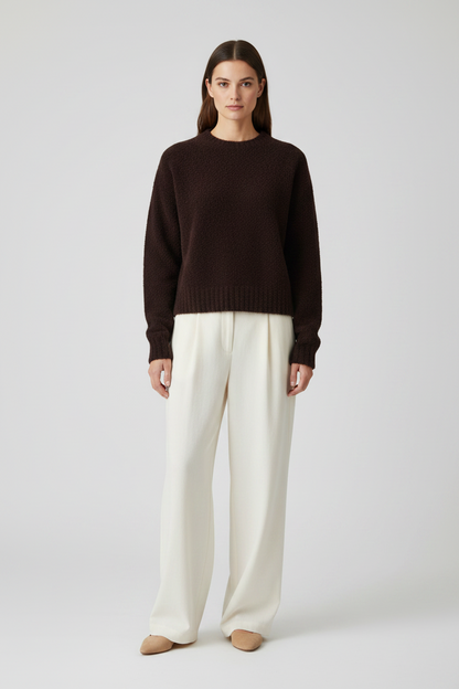 Rich & Royal Bouclé Pullover Crew Neck in Chocolate Torte