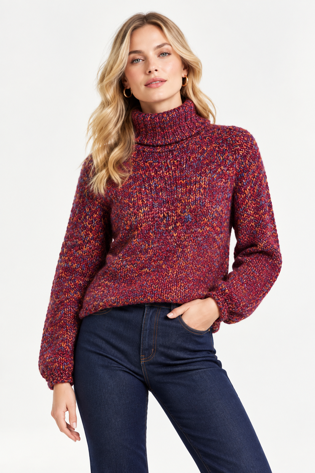 Rich & Royal Mehrfarbiger Pullover mit Stehkragen in Festive Fuchsia