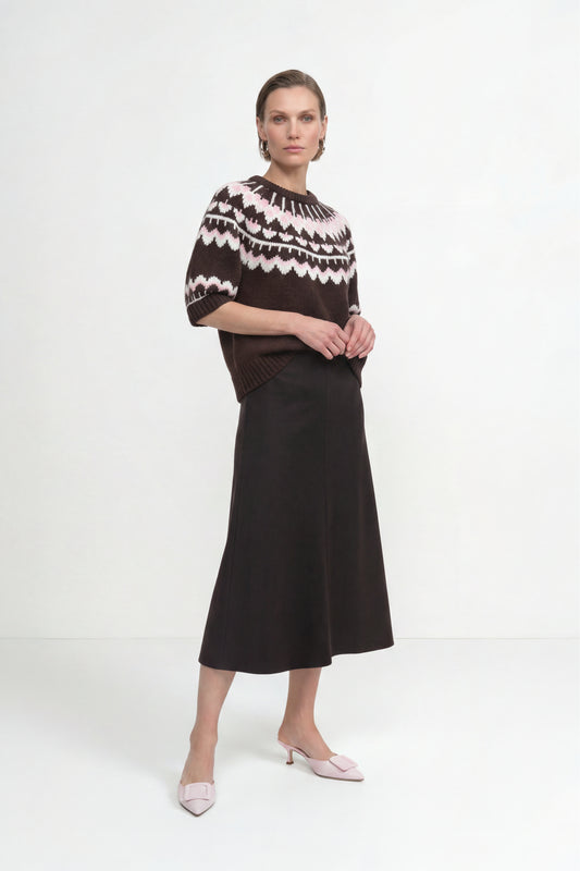 Rich & Royal 2608-107 SH SLVS Jacquard Sweater Chocolate Torte