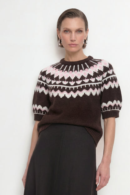 Rich & Royal 2608-107 SH SLVS Jacquard Sweater Chocolate Torte